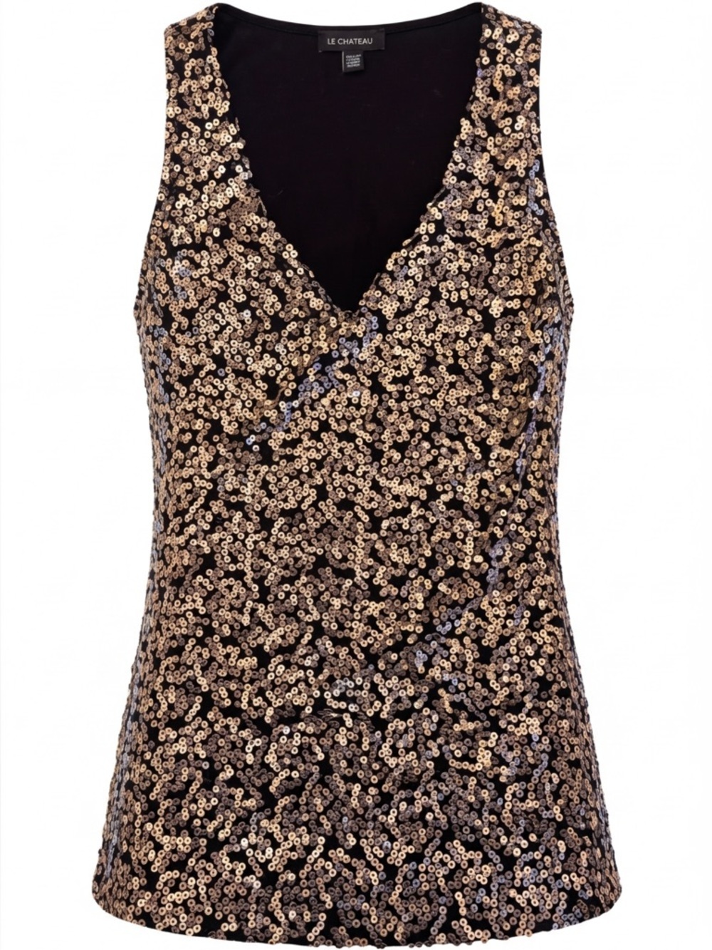 Le Château Black V-Neck Sequin Tank Top – Size XS – Y2K Party Glam